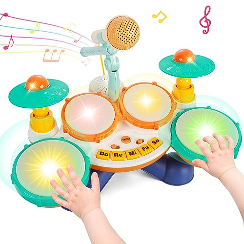 Kids Drum Kit - Toy for 1 Year Old Boys Drum Set, Baby Musical Instruments Gifts, LED Light-Up Electronic Drum with 3 Modes & Adjustable Volume, Easter Birthday Gift for 1-2 Year Old Boys Girls