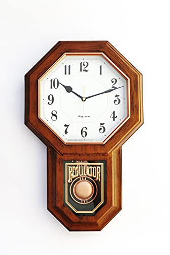 Classic Antique Mini Pendulum Wall Clock, Wood Simulated Vintage Bronze Texture, Non Ticking Silent Sweep Quartz Movement, Width 11.4”, Length 18.5”, Retro Rustic Country Style, Plastic Frame
