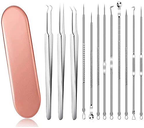 12 Stücke Mitesserentferner Komedonenquetscher Set Pinzetten Set mit Metall-Box Blackhead Remover aus Hochwertiger Edelstahl Akne Mitesser Entferner Extraktor Tools (orange)