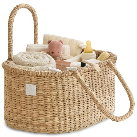 BEBE BASK Panier à Couches Fait à la Main en Jonc de Mer Bio - Luxueux et Mignon pour Bébé Fille et Garçon - Panier de Chambre