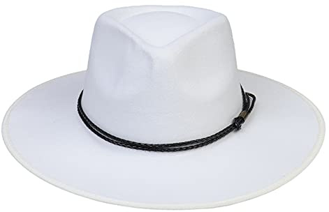 JK Home Wide Brim Fedora-hatt – Panama-keps i ullfilt – en storlek unisex kvinnor män – svart flätat läderband, White Braided Leather, en storlek
