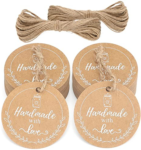jijAcraft Etiquetas de Papel Kraft Redondas 5CM con Handmade with love, 100 Uds Etiquetas + Cordel de Yute, para Regalos Hechos a Mano Favores de Fiesta (marrón)