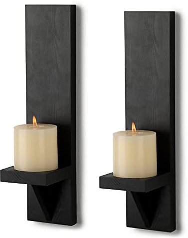 OwnMy Set of 2 Wooden Wall Candle Sconces Rustic Wall Mount Wooden Pillar Candle Sconces, Black Farmhouse Wall Candle Sconce Vintage Hanging Candle Holders Decor for Living Room