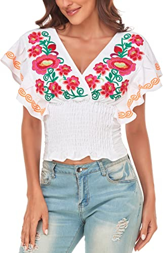 YZXDORWJ Women's Casual V Neck Sexy Elastic Waist Traditional Mexican Peasant Blouse (L, 461W)