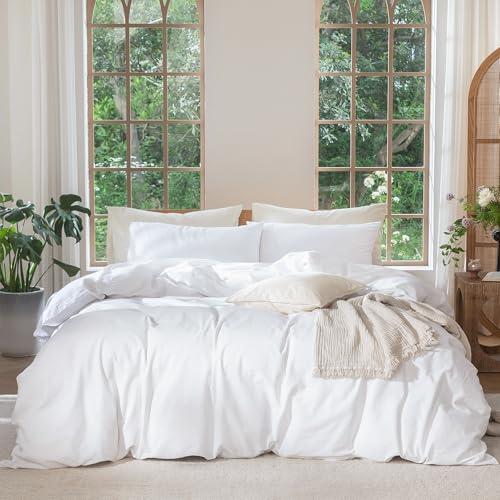 MooMee Bedding Duvet Cover Set 100% Washed Cotton Linen Like Textured Breathable Durable Soft Comfy (Solid Bright White, Queen 90x90)