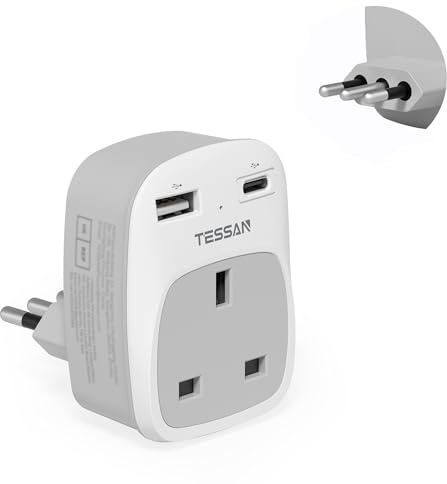 UK to Italy Plug Adapter, TESSAN Grounded Italy Plug Adapter with 2 USB Ports (1 USB C), Italian Travel Adaptor for Chile Ethiopia Libya Syria Tunisia Uruguay (Type L)