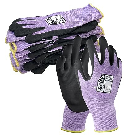 NITREX 285RP 5 Pairs of Work Safety Gloves with NitreGrip Technology, Sandy Nitrile Palm Coated, Touchscreen Gloves, Size 7, Small, Purple/Black