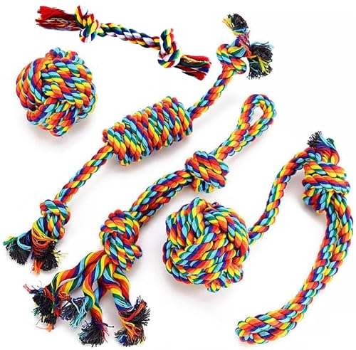 Raiseit Hundespielzeug-Set – Hunde-Kauset für Welpen, kleine und mittelgroße Hunde Welpen Beißseil Ball & natürliche Baumwolle Knoten Set zum Spielen & Training für kleine & mittelgroße Hunde – 5