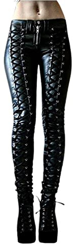 tinetill Pantaloni in Pelle Donna Leggings Skinny Elasticizzati Pantaloni in Ecopelle Punk Gotico Leggings a Vita Alta Pantaloni Aderenti con Cinturino Incrociato Pantaloni da Motociclista