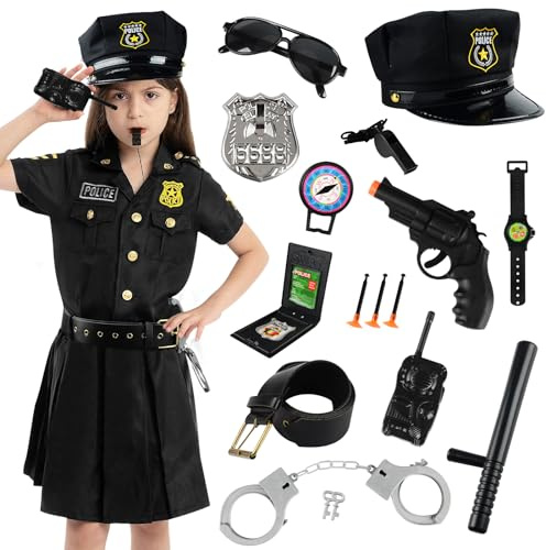 Deguisement Policier Enfant, 15PCS Costume Policier Deguisement Fille,Costume de Police Chemise,Jupes,Chapeau,Ceinture,Menotte,Lunettes,Talkie-Walkie,Pistolets Jouets,Pour Carnaval Halloween Policiere