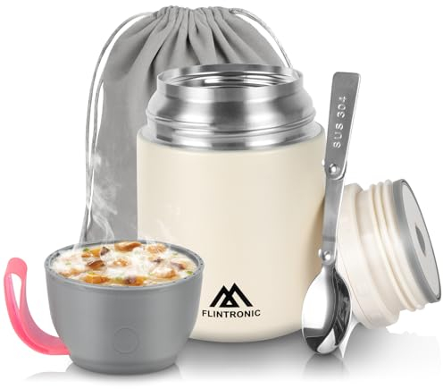 flintronic Insulated Food Flask, 530ml Food Warmer for Hot Food, Stainless Steel Food Containers with Folding Spoon, Leakproof Insulated Soup Containers for Kids Adults - BPA Free