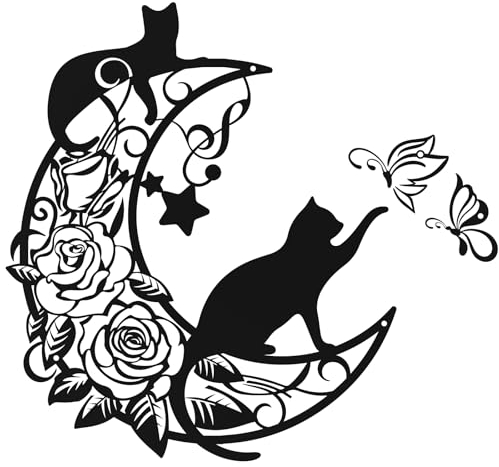QUMENEY 35cm Schwarze Katze Mond Metall Wandkunst Schmetterling Moderne Hängende Wanddekoration Silhouette Ornament für Hausfenstertüren Kaminsimse Dekoratione Haus Schlafzimmer Küche Garten Outdoor