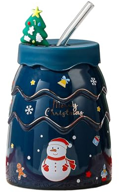 MISNODE Keramisk Julmugg med Sugrör, Tecknad Julkaffemugg i Keramik, Söt Festlig Keramisk Kaffekopp, Vinterjulhelg Födelsedag Bordsskiva Dryckesartiklar Tekopp Presenter (C)