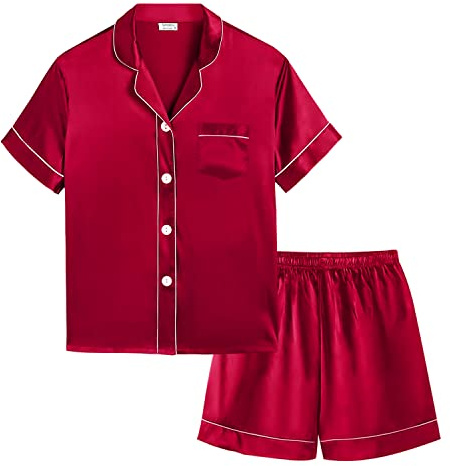 SWOMOG Kids Satin 2 Piece Pyjamas Sets Soft Short Sleeve Teen Girls Boys Sleepwear Button Down Top and Shorts Age 4-15