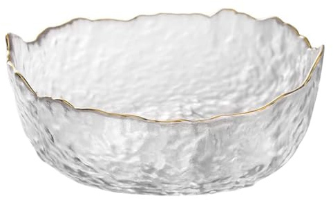 SYXLTSH Glass Salad Bowl Irregular Lotus Flower Shape Serving Bowls, Mixing Nut Bowls for Kitchen Fruist, Snack, Dessert, and Ice Cream Candy Dishes (Crystal Clear with Gold Rim, 7.6)