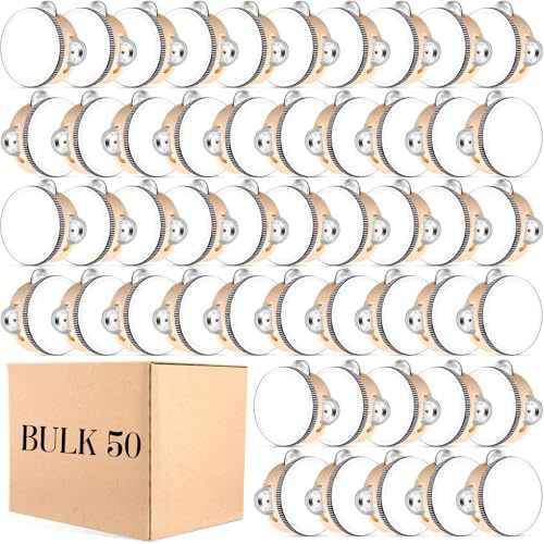 Lukmaa 50 Pcs 4 Inch Wedding Tambourine Bulk Drum for Adults Hand Held Percussion Gift Wood Metal Jingles Musical Educational Drum Instrument for Church Wedding Party Favor