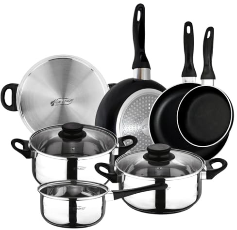 San Ignacio - Batería de cocina de 3 piezas (1.6L, 2.3L, 3.3L) en acero inoxidable y Set de 3 sartenes (16-20-24 cm) en aluminio prensado antiadherente, apto inducción