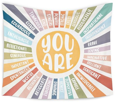 WARDOS Boho Sunshine Tapestry, You Are Inspirational Tapestry Wall Hanging, Colorful Boho Sun Positive Affirmation Wall Blanket Decor for Kids Room Nursery Playroom Classroom, 50x60 Inch