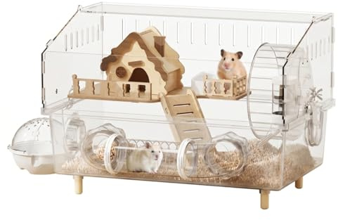 Hamsterbur, hamsterbur i panorama, akryl och trähölje med tysta tillbehör, genomskinlig, 100 x 50 x 50 cm.