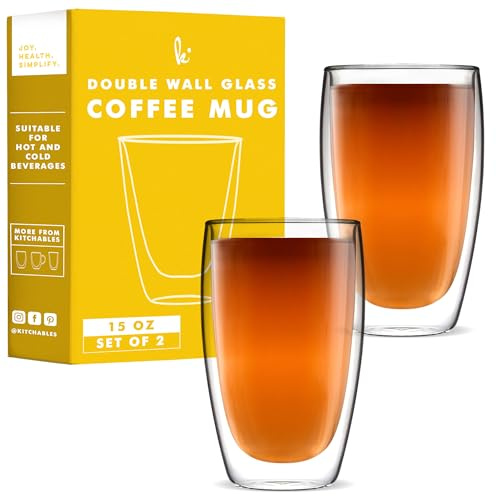 Kitchables Double Walled Glass Coffee Mugs Set of 2, 15oz Insulated Glass Coffee Mugs for Cappuccino, Latte, Tea, Espresso - Latte Cup - Tazas Para Cafe