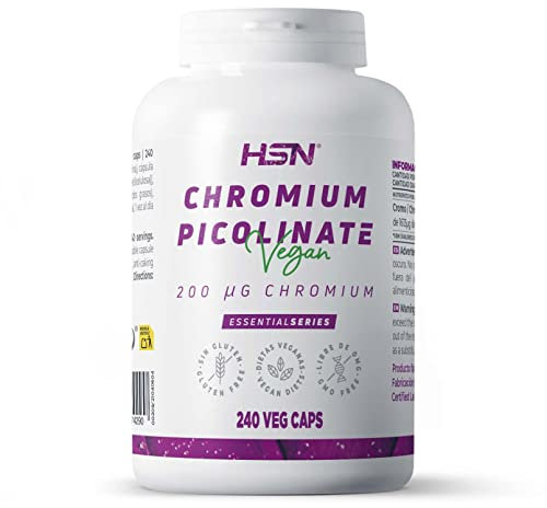 HSN Picolinato de Cromo 200 mcg | 240 Cápsulas Vegetales | 200 µg de Cromo - Mineral Elemental - por cada cápsula – ALTA Dosificación | No-GMO, Vegano, Sin Gluten ni Lactosa