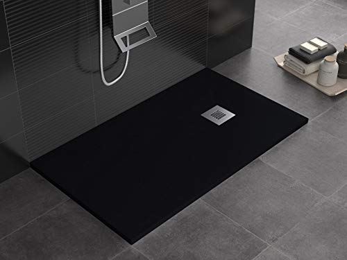 Plato de ducha negro de mineralmármol, superficie de pizarra de 3 cm, con revestimiento de gelcoat, antideslizante