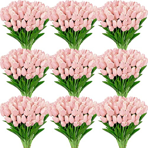 Janinka 100pcs Artificial Tulip Flowers Fake PU Tulips Faux Latex Bouquet Flower Centerpieces Arrangement Floral for Mother Day Wedding Spring Decorations (Light Pink)