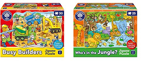 Orchard Toys Busy Builders Jigsaw Puzzle, 30 Piece Shaped Educational Jigsaw Puzzle & Who's in the Jungle? Jigsaw Puzzle, 25-Piece Jungle Themed Puzzle, For Kids Age 3+