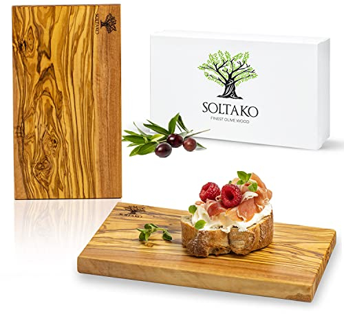SOLTAKO Frühstücksbrettchen aus Olivenholz 2er Set The Breakfast King 2x Oliven Holz Schneidebrett Set, 13/23cm