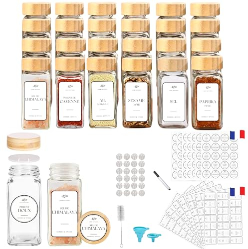 PASSION GATEAU 24 bocaux à épices carrés en verre 120 ml avec couvercle en bambou pour rangement des épices cuisine inclus 287 étiquettes, feutre, entonnoir et brosse de nettoyage