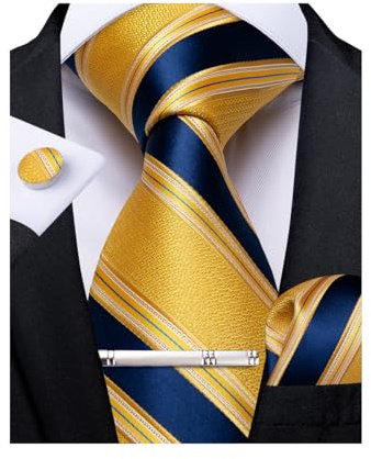 DiBanGu Ensemble de cravate pour homme en soie avec motif rayé et à carreaux avec mouchoir de poche, boutons de manchette et pince à cravate pour mariage et tenue formelle, Bleu et jaune., taille