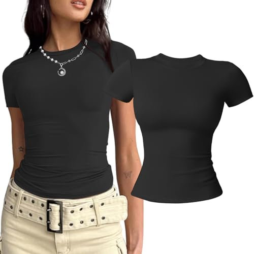 Women's Gym Tops Slim Fit Crew Neck Short Sleeve Tight Basic Solid Tee Athletic Running Yoga Sports T-Shirts Black