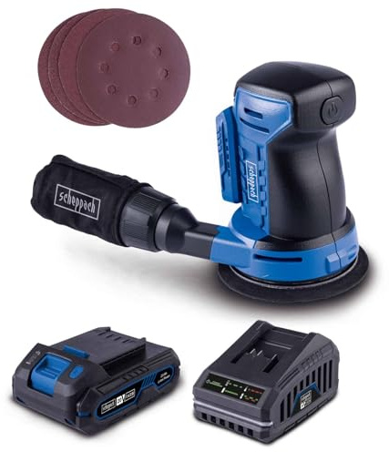 Scheppach Akku Exzenterschleifer C-OBS125-X | SchleiftellerØ 125mm | Schwingkreis 2mm | Schwingzahl max 24000min-1 | Softstart & Zubehör | 20V-IXES-Serie | 10 Jahre Garantie | mit 2Ah Akku & Ladegerät