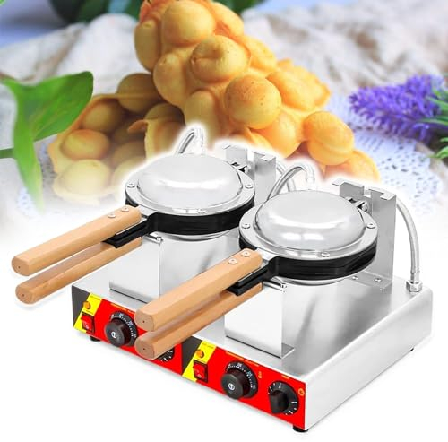Máquina para hacer gofres de burbujas comercial, máquina para hacer gofres de huevo de 1400 W, plancha para hacer gofres con burbujas con mangos de madera y giratorios de 180 °,2 Head-220V
