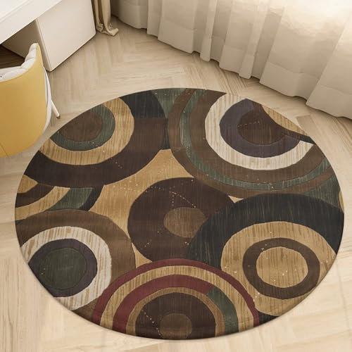 Runder Teppich für Wohnzimmer, waschbar, Boho-Teppich für Esszimmertisch, rutschfeste runde Bodenmatte, Braun und Hellbraun, Teppich für Schlafzimmer, Büro, Badezimmermatte, 90 x 90 cm