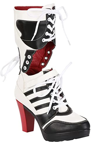 Fun Costumes Women's Harlequin High Heel Boots - Black and White with Red Heels - Lace-Up Front and Back, Multicolor, 2 UK