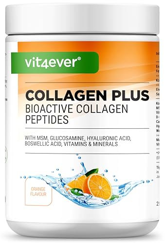 Collagen Plus - 500 g di polvere con MSM, glucosamina HCL, acido ialuronico, estratto di incenso - 100% peptidi idrolizzati di collagene bioattivo - collagene di tipo 1, 2 e 3 - Gusto Arancio