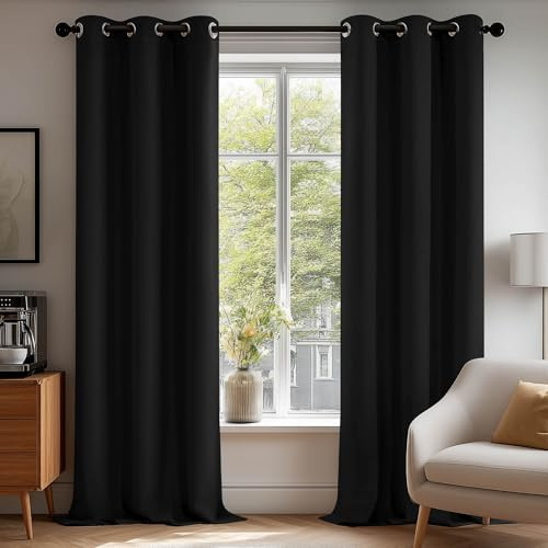 Deconovo Energy Saving Thermal Blackout Curtains for Living Room, Noise Reducing Bedroom Curtains Eyelet, W38 x L84, Black, 2 Panels