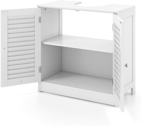 GOPLUS Meuble sous Lavabo de Salle de Bain à Persiennes - 2 Compartiments avec Découpe en U 24X20cm, Rangement 60x30x60cm, Blanc