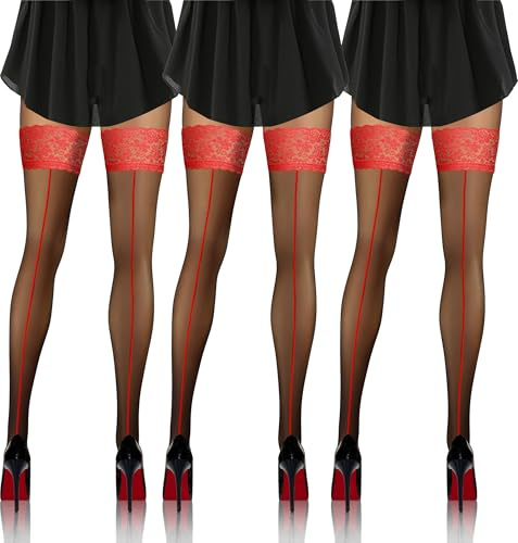 sesto senso 3 Paia Calze Autoreggenti con Cucitura Posteriore 20 DEN Donna Sexy Lingerie Nero Rosso 3/4 PD_07
