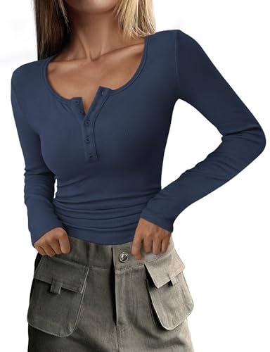Zeagoo Women's Long Sleeve Tops Henley Neck Ribbed T Shirts Slim Fit Tee | Basic Stretch Tops, Knit Shirt, Fall Winter