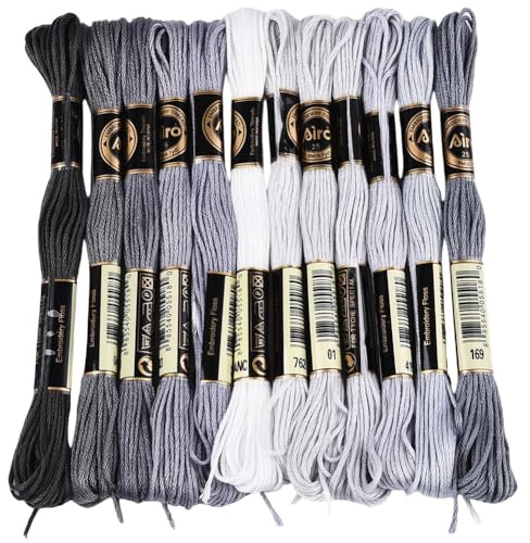 CABODYALS 12 Skeins 6 Strands 105 Yards Grey Gradient Embroidery Floss Friendship Bracelet String Variegated Needlepoint Thread Cross Stitch Yarn for Sewing Bracelets Knitting Stitching Crafts Diy