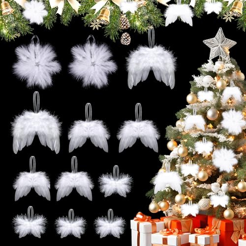 CharmBurst 12 Piezas de alas de ángel Navidad Blanco, Adornos navideños de alas de Pluma, decoración para árbol Blanco, celebración navideña DIY