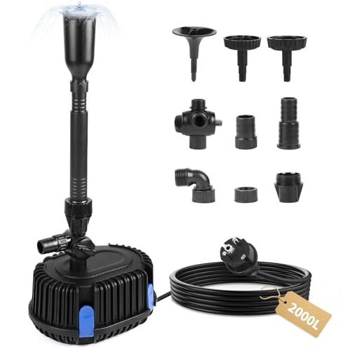 DBREAKS Utomhus fontän trädgårdspump 2 000L/H 2 M, dammpump 35W med kabel 10 M, dränkbar filterpump, vattenpump för Koi, damm, bäck, justerbart flöde