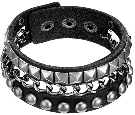 IANFAN Punk Bracelet, 1 Pc Studded Leather Spike Bracelets For Women 8.46 Inch x 1.18 Inch Adjustable Snap Cuff, Punk Rock Emo Bracelet For Men & Women, Black Silver