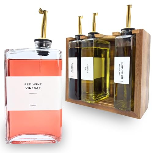 PEGSORIX The Oil Library | Glass Oil & Vinegar Bottles with 100% Acacia Wood Stand | 4 Containers, 5 Gold Nozzles & 35 Stain-Resistant Labels | Countertop Display Set