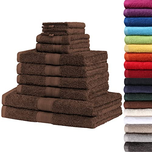 NatureMark 10 TLG. Frottier Handtuch-Set Verschiedene Größen 4X Handtücher, 2X Duschtücher, 2X Gästetücher, 2X Waschhandschuhe - Premium Qualität (10 TLG. Frottier Set, Schoko braun)