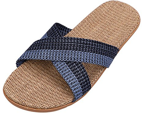 Unisexe Sandales Plate Couple Antidéparant Tongs d'Intérieur Maison Bureau en Lin Mules Sabots Slippers Eté Léger Chaussons Pantoufles Plage Piscine Chaussures Ouverts Confort,44/45 EU,Bleu Foncé