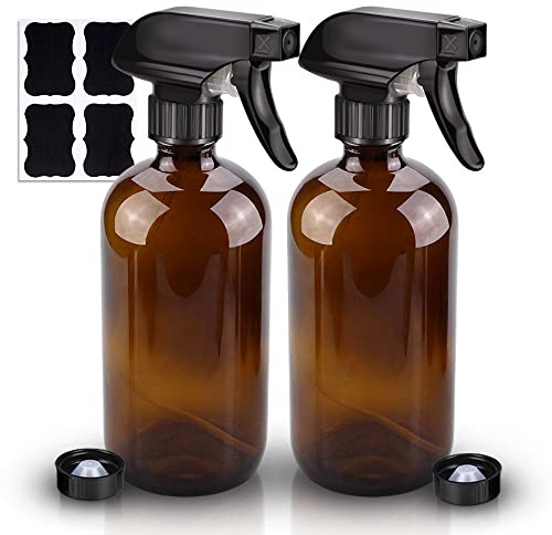 Wedama Amber Glass Spray Bottles, 2 Pack 16 oz Glass Spray Bottles for Cleaning Solutions and Essential Oils, Refillable Empty Spray Bottle with Adjustable Nozzles for Alcohol, Plant and Hair Care