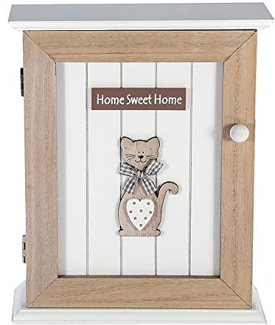 SPOTTED DOG GIFT COMPANY - Armadietto portachiavi da parete con motivo gatto e scritta Home Sweet Home - decorazione per l'ingresso - con 6 ganci - in legno - naturale/bianco